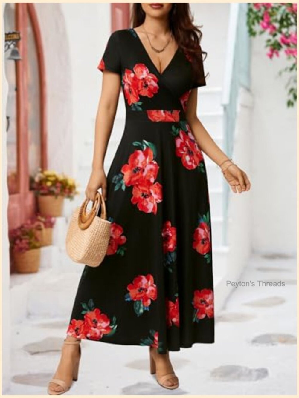 Women's Short Sleeve Wrap V Neck Maxi Sundress with Pockets Boho - Picture 4 of 6